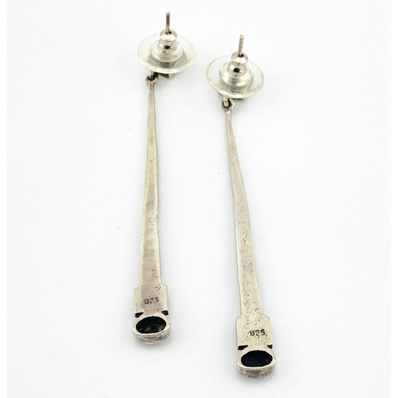 Vintage Marcasite Black Onyx Sterling Silver Dangle Earrings 2 3/8" Sticks Bars - Picture 3 of 5